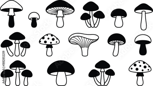 Black and white mushroom silhouettes set, hand drawn fungi icons collection with various shapes, isolated on white background, minimal vector illustration for design elements.