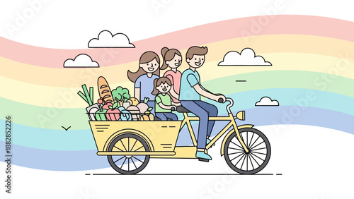 Family Bicycle Ride Filled With Fresh Groceries Against a Pastel Rainbow Background