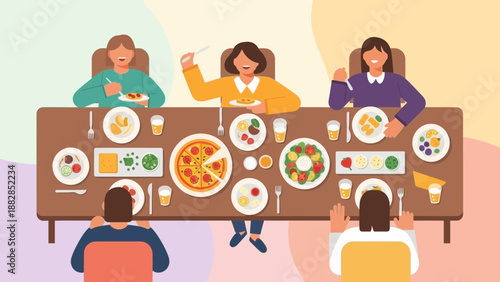 Family Gathering Around A Table, Eating Delicious Food, Togetherness and Happy Moments