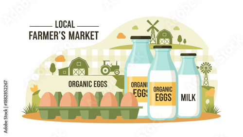 Fresh Farm Produce: Local Farmer's Market Illustration Showcasing Eggs And Milk