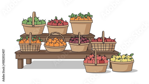 Fresh Fruit Baskets Arranged Beautifully, Displayed For Sale in A Market Setting