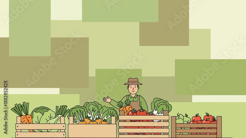 Farmer Presenting Fresh Harvested Produce In Wooden Crates With Geometric Background