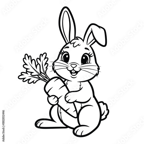 a charming black and white illustration depicts a cute bunny happily holding a bunch of fresh carrots in