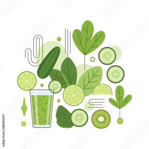 Fresh Green Smoothie Ingredients: Vibrant Illustration of Healthy Refreshment and Nutrition