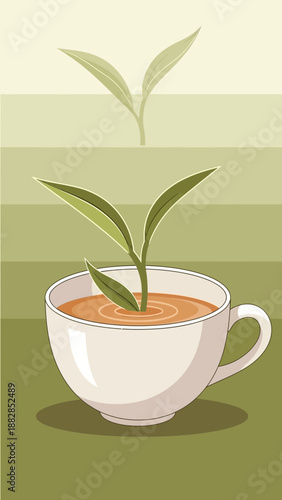 Fresh Green Tea Sprout Emerging From A White Teacup On A Gradiated Background Design