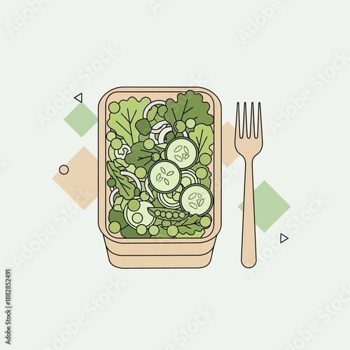Fresh Green Salad Packed Lunch With A Fork In A Minimalist Flat Design Style Presentation
