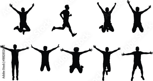 Happy man silhouette set jumping and running with raised hands, celebration success poses collection, black male figures expressing joy isolated on white background