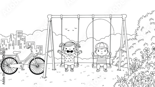 a charming monochrome illustration depicts children playing on swings set against a city skyline and bicycle