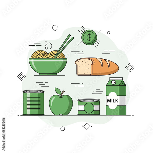 Fresh Grocery Collection: Vibrant Food Illustration Featuring Noodles, Bread, And Apple on White