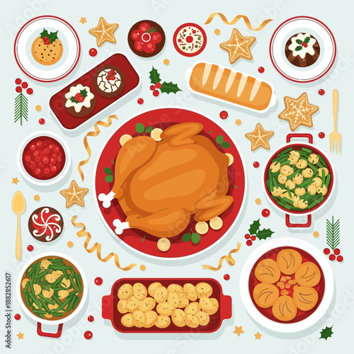 Festive Holiday Feast: A Delicious Top-Down View of Christmas Dinner Spread and Treats