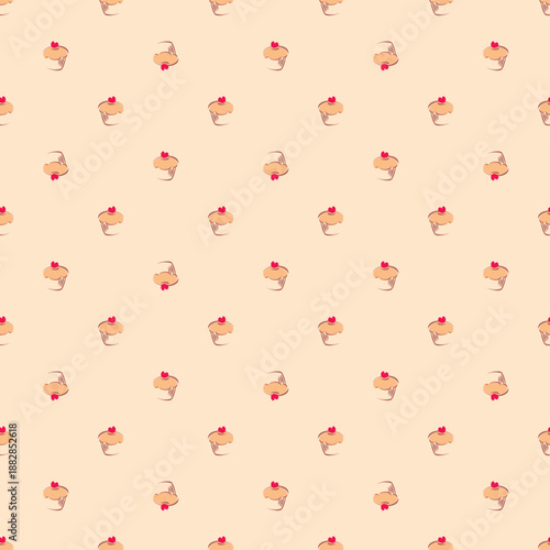 Seamless vector pattern or texture with little cherry cupcakes, hand drawn muffins and sweet cake dessert. Background with sweets for desktop wallpaper, decoration or culinary blog website.