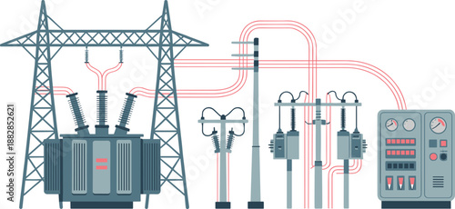 Electrical power distribution diagram illustration showing transformer transmission towers control panel cables grid infrastructure energy monitoring system