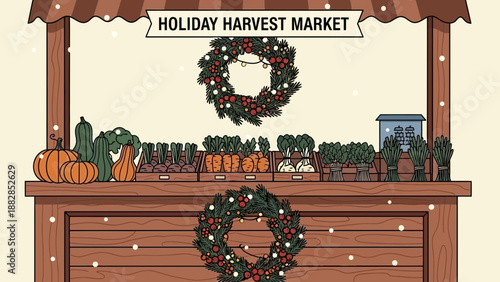 Festive Holiday Harvest Market Stall Displaying Seasonal Produce And Decorations