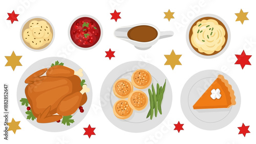 Festive Feast: Illustration Of Thanksgiving Dinner And Holiday Decorations