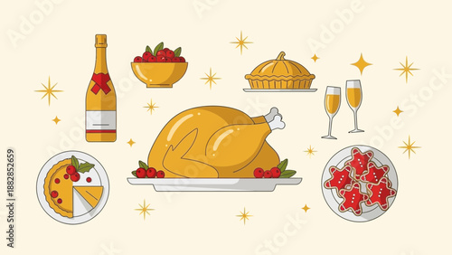 Festive Holiday Gathering Illustration Depicting Delicious Food and Drinks Celebration