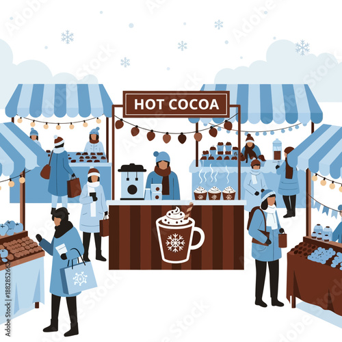 Festive Winter Market Scene Showcasing Hot Cocoa Stalls And Shoppers Enjoying The Winter Weather