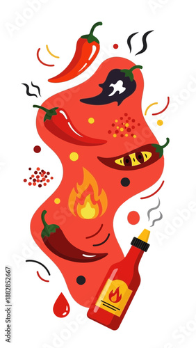 Fiery Chili Pepper Illustration Depicting Spicy Sauce Ingredients and Flavorful Cooking Elements
