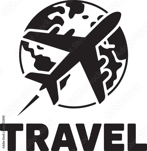 Travel Icon with Airplane Flying Across Globe and Bold Typography