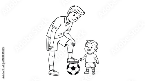 a black and white illustration depicts a tall man playfully interacting with a small child and a soccer