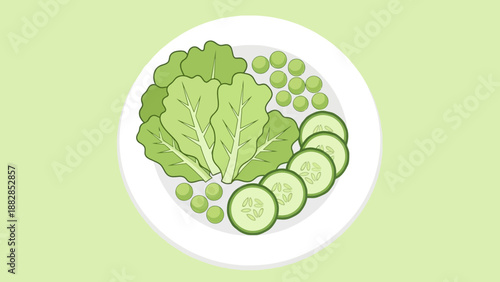 Fresh Healthy Food Plated with Lettuce, Peas, and Cucumber in Vibrant Cartoon Style