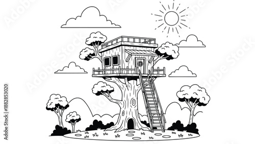 a black and white illustration depicts a charming treehouse nestled within a lush green landscape with clouds and