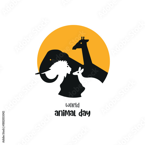 A minimalist graphic using negative space to show four animals against a yellow sun.The design is flat and modern, often used for zoo logos or wildlife conservation symbols to represent global animal 