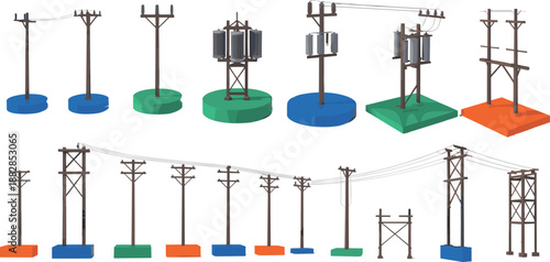 Electrical power distribution diagram illustration showing utility poles transformers insulators overhead lines grid infrastructure energy system industrial technical schematic design
