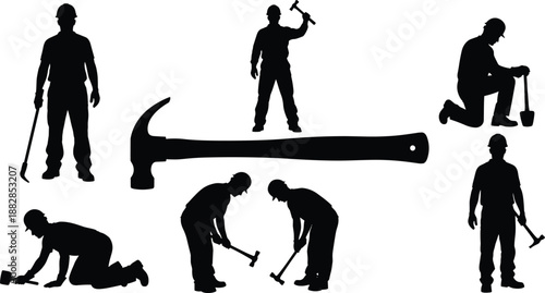 Construction worker silhouette set with hammer tools, builders and laborers in different poses, black industrial man figures for repair, building work isolated on white background