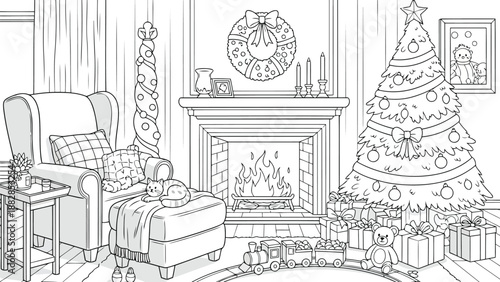 a detailed black and white illustration depicts a cozy living room decorated for a festive christmas celebration