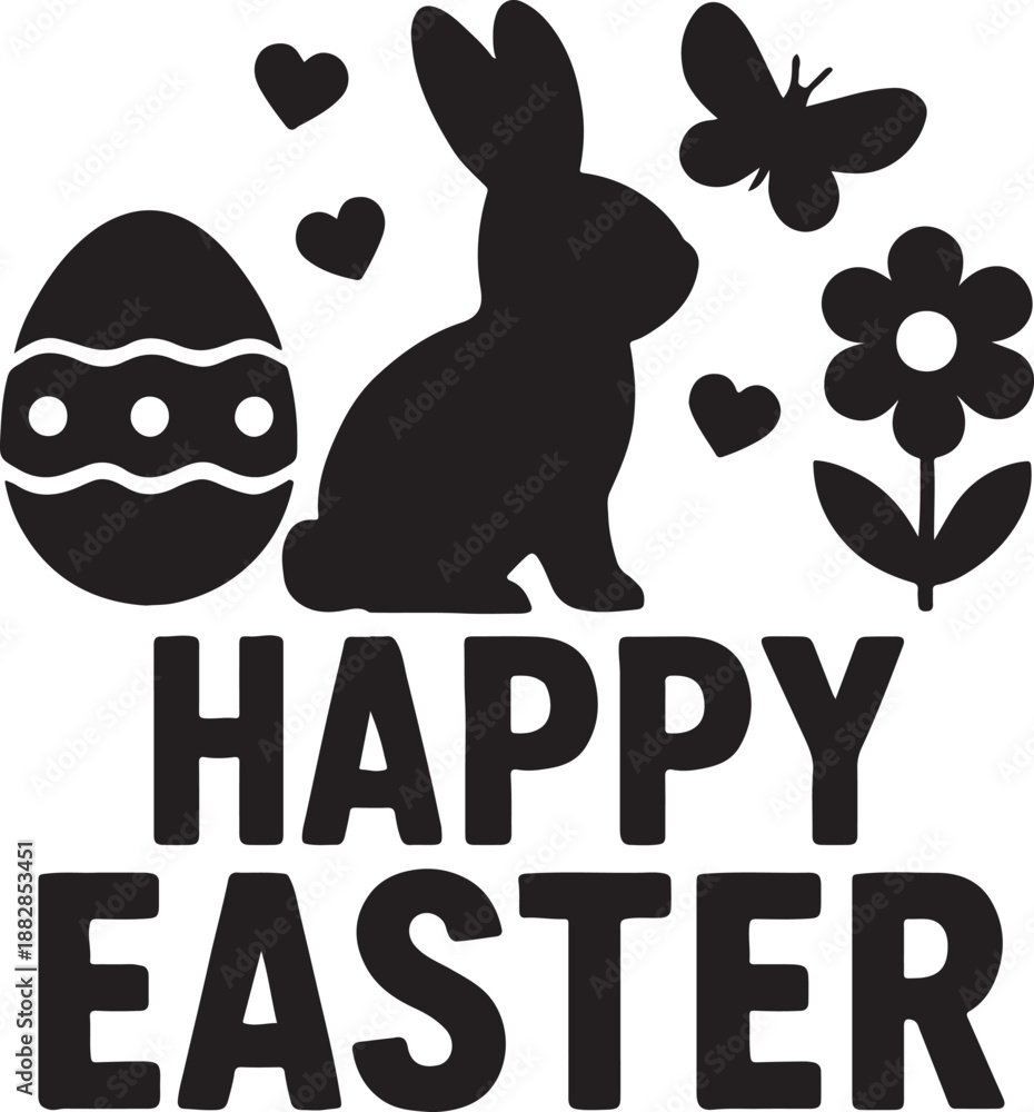 Fototapeta premium Happy Easter text with bunny egg and spring elements