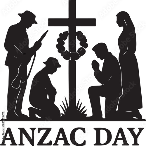 ANZAC Day memorial silhouettes with cross and wreath