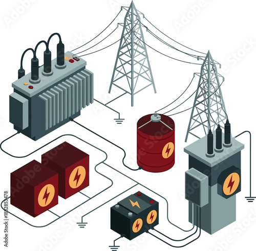 Electrical power distribution illustration showing transformer transmission towers battery storage cables grid infrastructure energy system industrial technology concept