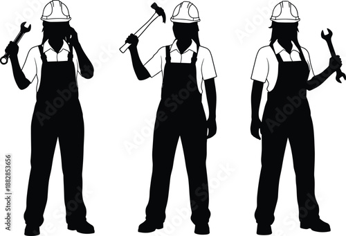 Female mechanic silhouette set in black, woman worker holding wrench and hammer wearing helmet isolated on white background for industry and construction design.