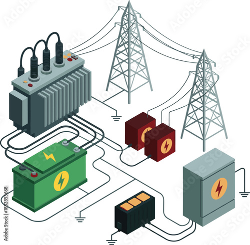 Electrical power distribution illustration showing transformer transmission towers battery storage cables grid infrastructure energy system industrial technology concept