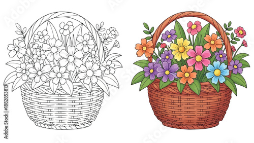 a detailed black and white drawing alongside a colorful illustration of a woven basket filled with vibrant flowers