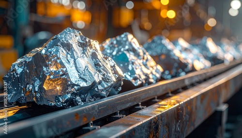 ベルトコンベアで運ばれるレアアース鉱石　資源供給と製造ライン