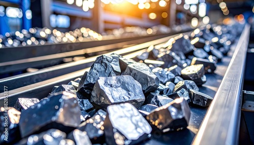 ベルトコンベアで運ばれるレアアース鉱石　資源供給と製造ライン