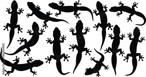 Gecko lizard silhouette set in black, reptile crawling poses collection isolated on white background for wildlife, tropical nature, logo and tattoo design.