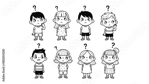 a black and white illustration depicting six children standing in a row with questioning expressions and curious gazes