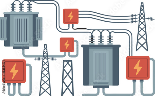 Electrical substation power grid illustration showing transformers transmission towers cables battery storage energy distribution infrastructure industrial system design