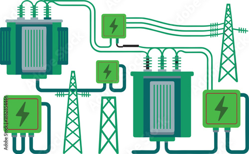 Electrical substation power grid illustration showing transformers transmission towers cables battery storage energy distribution infrastructure industrial system design