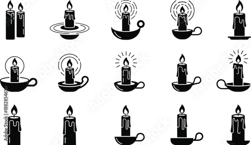 Set of black candle icons with flame glow, wax drip and holders, minimal silhouette collection for meditation, spirituality, memorial, church and festive design.