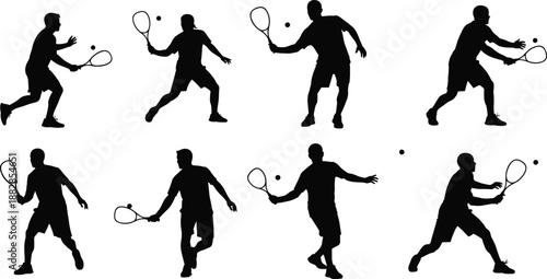 Tennis player silhouettes set with male athletes hitting forehand and backhand shots, racket and ball action poses, sport collection isolated on white background.