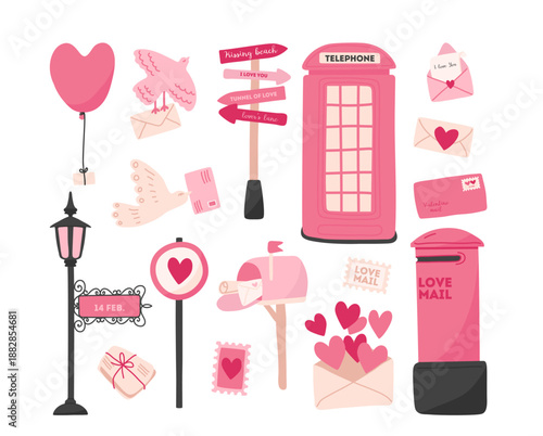Romantic holiday collection of Valentine Day mailbox, symbolic festive elements and love mail