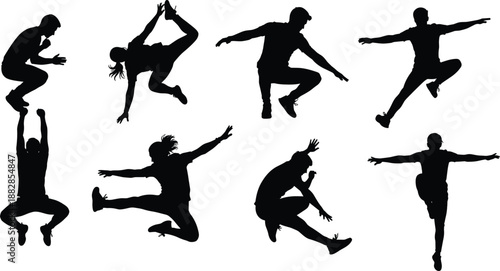 Parkour and freestyle dancers silhouettes set with jumping, flipping and balancing moves, urban sport action collection for fitness design, isolated on white background.
