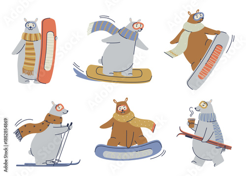 Cool bears skiers and snowboarders enjoying winter activities and leisure recreation isolated set