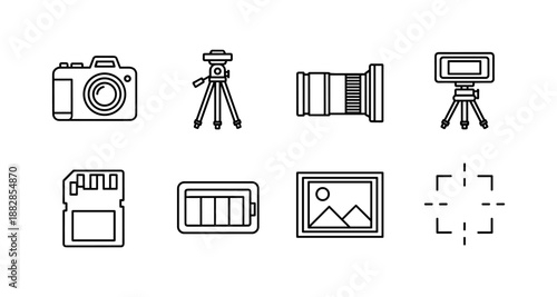 Photography line icons: camera, lens, tripod, memory card, battery, frame