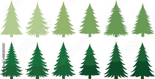 Christmas pine tree vector set in different shapes and green shades, evergreen fir silhouettes collection for winter forest design, isolated on white background.