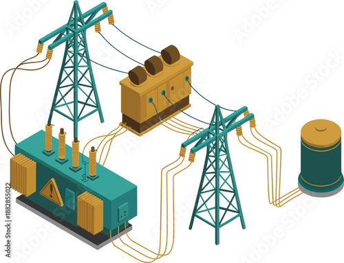Isometric electrical power distribution illustration with transformers transmission towers cables oil tank industrial energy infrastructure 3d design isolated