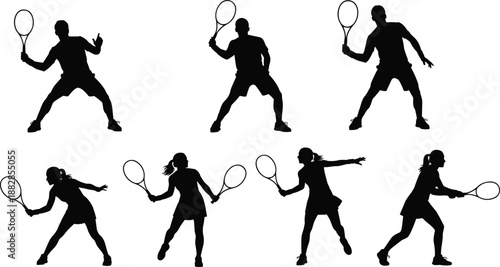 Tennis players silhouettes set with male and female athletes in serve, forehand, and backhand poses, sport action collection isolated on white background.